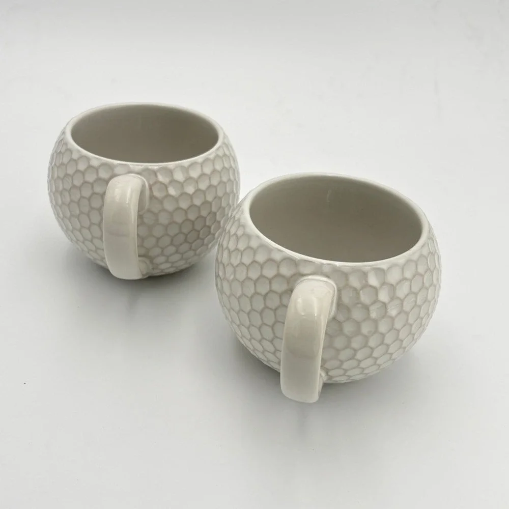 Pottery Barn Golf Ball Mugs Set of 2 White Textured Ceramic Dimple Coffee Cups‎